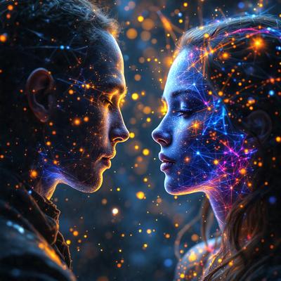 The primary subject of the image is a man and a woman standing close to each other. They are both looking at the camera, and their faces are illuminated by a bright light. The setting appears to be a dark room, and the visual style is a combination of digital art and illustration. The colors in the image are predominantly blue and orange, creating a warm and vibrant atmosphere.